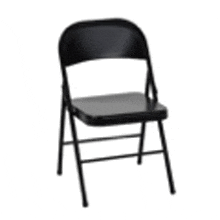 a black folding chair is sitting on a white background .