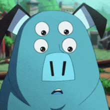 a blue cartoon pig with four eyes and a surprised look on its face