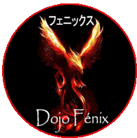 a logo for dojo fenix shows a phoenix flying through the air