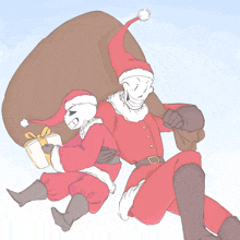 a drawing of two santa clauses carrying gifts