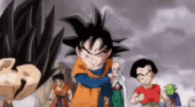 a group of cartoon characters are standing next to each other in a scene from dragon ball z