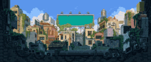 a pixel art drawing of a city with a billboard that says ' tokyo ' on it