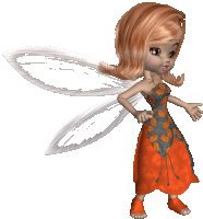 a cartoon fairy with white wings is wearing an orange dress with leaves on it