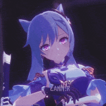 a girl with purple hair and pink eyes is wearing a shirt that says zanna on it
