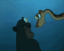 a cartoon of a panther and a snake looking at each other .