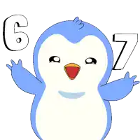 a blue and white penguin with the number 6 and 7 behind him