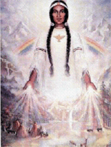 a painting of a native american woman with a rainbow in the background