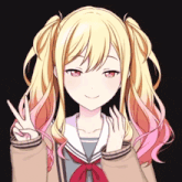 a girl with blonde hair and pink pigtails is giving the peace sign