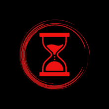 a red hourglass in a circle on a black background