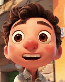 a close up of a cartoon boy 's face with big eyes and a surprised look on his face .