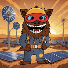 a cartoon of a werewolf wearing a mask standing in front of a solar field