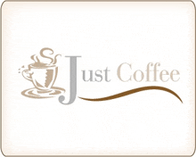 a logo for just coffee shows a cup of coffee