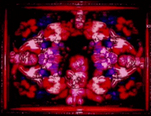 a kaleidoscope of red , purple , and blue flowers in a black frame .