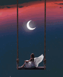 a girl with angel wings is sitting on a swing with a crescent moon in the background