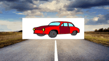 a drawing of a red car on a road with clouds in the background