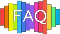 the word faq is written in white on a rainbow background