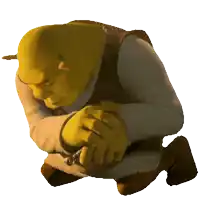 shrek is kneeling down with his hands folded in prayer