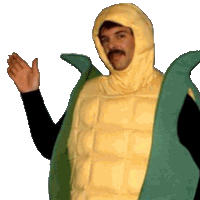 a man in a corn on the cob costume is waving his hand