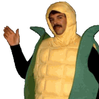 a man in a corn on the cob costume is waving his hand