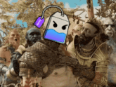 a video game character has a tea bag on his head with the word mate on it