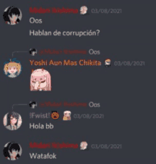 a screenshot of a discord conversation between yoshi aun mas chikita and midori nishijima