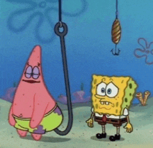 patrick star and spongebob squarepants are standing next to each other and looking at a fishing hook .