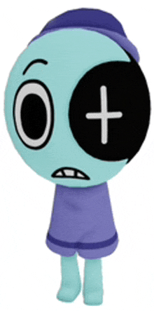 a blue cartoon character with a black and white cross on his face