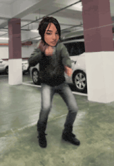 a person is dancing in a parking garage with cars parked behind them