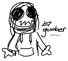 a black and white drawing of a person with a mask on their face and the word goober written on the bottom .