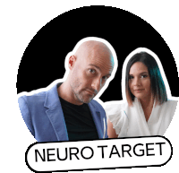 a man and a woman are standing next to each other with a neuro target sticker