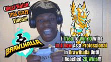 a man wearing headphones is playing a video game titled brawlhalla