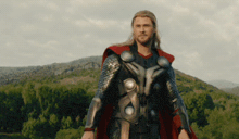 a man in a thor costume stands in front of a mountain