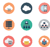 a set of cloud computing icons with a shopping cart in the middle