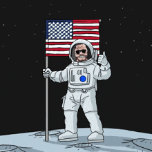 a cartoon of an astronaut holding an american flag on the moon