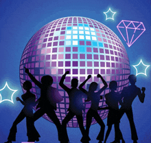 a group of people dancing in front of a disco ball with a diamond in the background