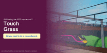 a purple background with a train and the words touch grass on it