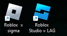 two roblox logos on a black background with sigma and lag written below them