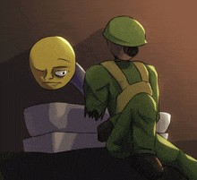 a cartoon of a man in a green uniform sitting next to a yellow face .