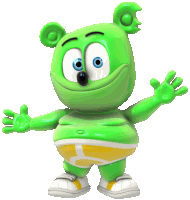 a green gummy bear wearing a pair of yellow underwear