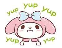 a pink bunny with a blue bow and the words yup yup yup yup