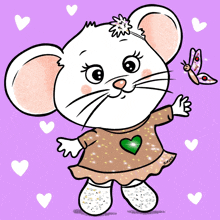 a cartoon drawing of a mouse with a green heart on her shirt