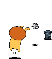 a cartoon character throws a ball into a trash can