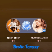 a man and a woman are sitting next to each other with the words bestie forever below them