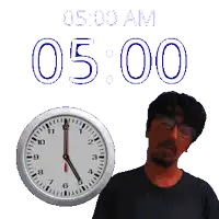a man stands in front of a clock that reads 5:00