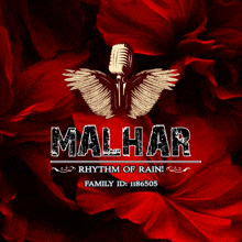 a poster for malhar rhythm of rain with red flowers