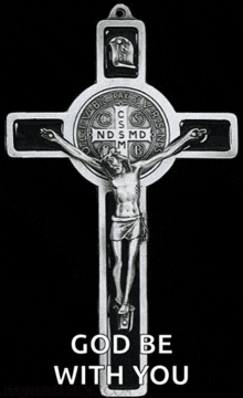 a cross with jesus on it and the words god be with you underneath