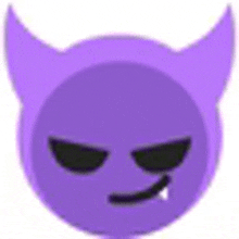 a purple devil emoji with horns and a tooth sticking out of it 's mouth .