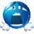 a blue smiley face is crying with its mouth open and its hands outstretched .