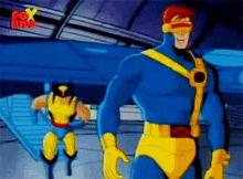 a cartoon of wolverine and cyclops standing next to each other in a room .