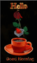 a cup of coffee on a saucer with a red rose and a heart in a box with the words hello good morning